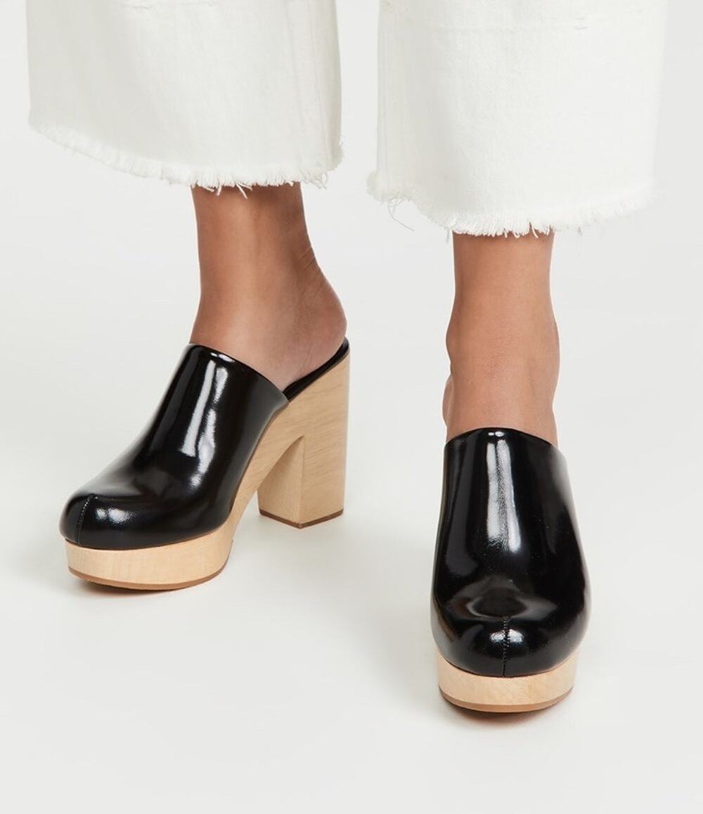 Rachel Comey Black Glossy Leather Platform Dakota Heeled Wooden Clogs 7.5 $475